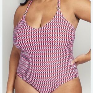 Kona Sol Red and White One Piece Swimsuit with Geometric Pattern